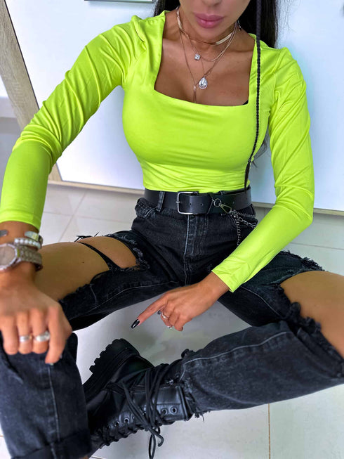 Basic PUSH-UP viršutinė dalis su kvadratine iškirpte – neoninės salotinės žalios spalvos